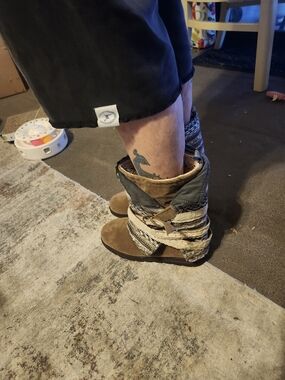 Muk Luks Brown and Black Suede Ankle Booties with Wrapped Textile Straps